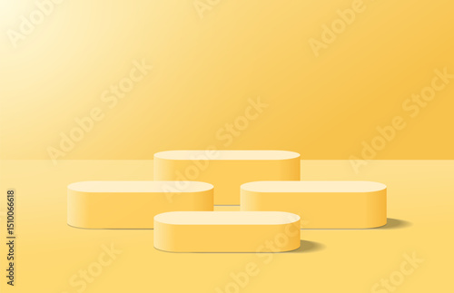 Abstract realistic yellow 3d round podium for product display stand in light room shining from top left corner. Minimal scene for product display mockup. Vector geometric platform. 3d vector rendering