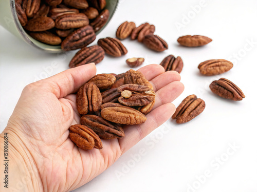 Hand holding pecan nuts, isolated white background