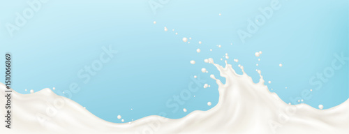 White milk splash wave - liquid swirl on light blue background. Creamy dairy product, yogurt or cream flow with drops and bubbles. Healthy drink smooth dessert ingredient in motion. 3d vector.