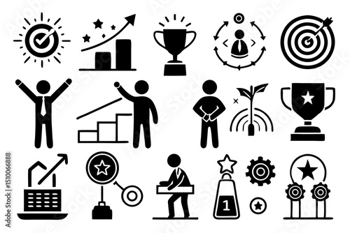 Business and success icons depicting goals growth achievement and the pursuit of victory against a white background