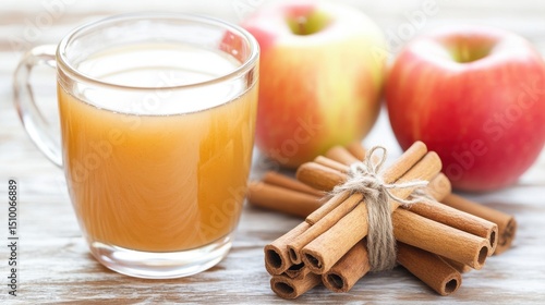 Fototapeta Naklejka Na Ścianę i Meble -  Cider with apples and spices natural. Warm apple cider with cinnamon sticks and fresh apples on a rustic wooden surface.