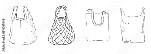 Shopping basket, bag, net shopper supermarket eco casual simple line. Craft bag, plastic bag recycle trade icon set, hand drawn sketch grocery shopping.
