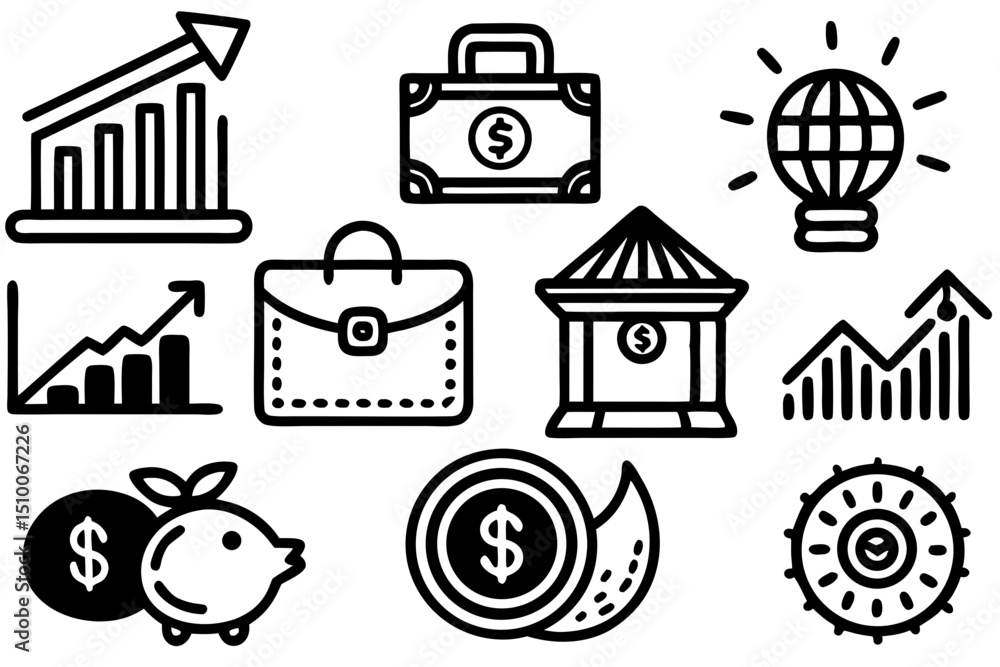 Collection of modern black and white business and finance icons suitable for branding and financial concepts Collection of modern black and white business and finance icons suitable for branding and financial concepts