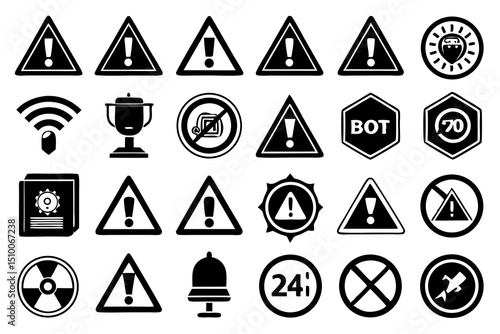 Collection of monochrome icon symbols representing various dangers warnings and restrictions isolated