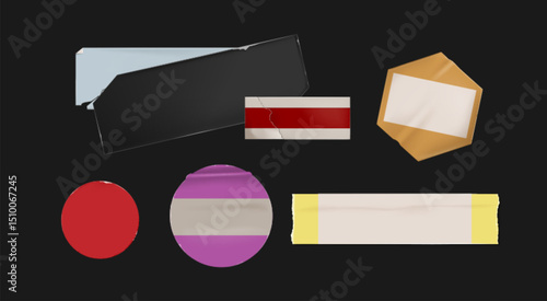 Set of vintage price tags and sale stickers in various shapes. Torn ripped paper labels isolated on dark background. Realistic vector retro adhesive badges with worn edges, old distressed textures.