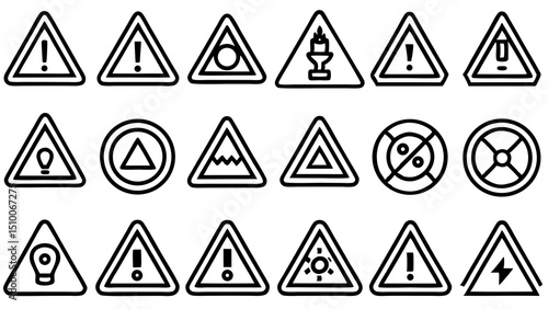 Collection of warning signs and symbols indicating potential hazards and safety precautions for various situations