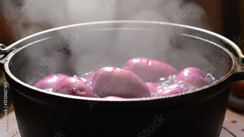 Purple Potatoes Simmering In A Cast Iron Pot On The Stove