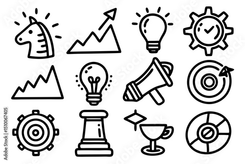 Conceptual business and strategy icons representing innovation ideas and effective solutions in a creative layout