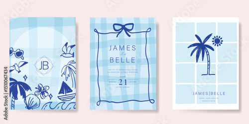 Indigo Italy summer invitation card vector. Italian poster with coconut tree, bird, hibiscus, boat, summer element. Design for wedding card, greeting card, bridal shower, cover.