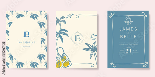 Indigo Italy summer invitation card vector. Italian poster with coconut tree, bird, lemon, summer element. Design for wedding card, greeting card, bridal shower, cover.