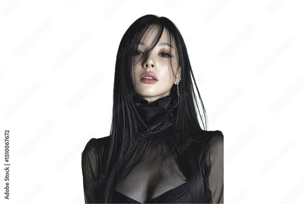Naklejka premium Asian woman with tousled black hair in transparent black high-neck garment in fashion portrait, isolated on a transparent background
