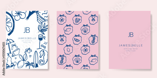 Indigo Italy summer invitation card vector. Italian poster with coconut tree, pineapple, surfboard, summer element. Design for wedding card, greeting card, bridal shower, cover.