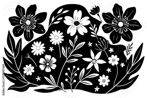 Elegant black and white floral arrangement with diverse blooming flowers and leafy botanical elements on a white background