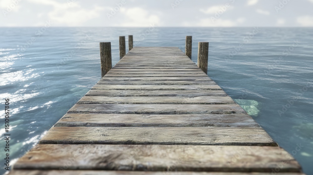 Fototapeta premium Wooden dock extends into calm blue water under a sunny sky