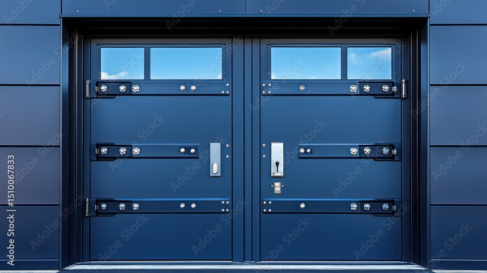 Dark navy double doors with metallic accents Dark navy double doors with metallic accents