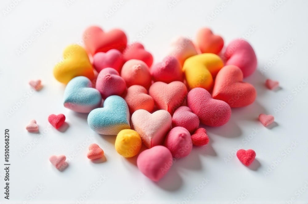 A pile of heart-shaped marshmallows on a white surface, suitable for decoration or packaging A pile of heart-shaped marshmallows on a white surface, suitable for decoration or packaging