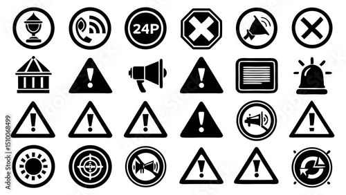 Set of various warning signs and symbols in bold black and white design depicting common alerts and indications.