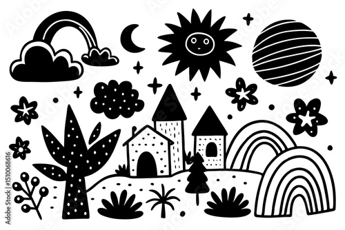 Whimsical black and white illustration of a dreamy landscape with houses trees rainbows and celestial bodies