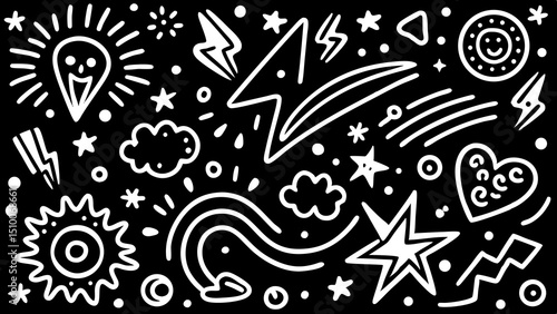 Whimsical doodle art displaying smiling sun stars clouds lightning hearts and various decorative elements on black backdrop