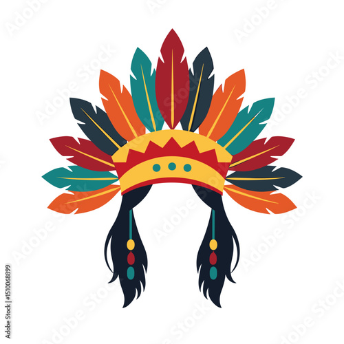 Colorful Native American Headdress with Feathers and Hair Illustration for Cultural Representation