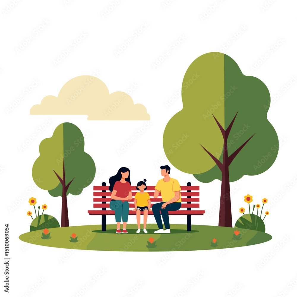 Fototapeta premium Happy Family Sitting Together on a Park Bench Under Green Trees, Vector Illustration