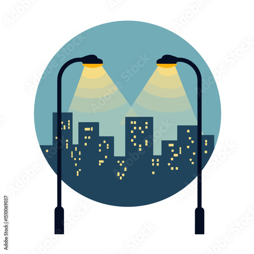 Cityscape at Night with Streetlights Casting a Warm Glow, Vector Illustration