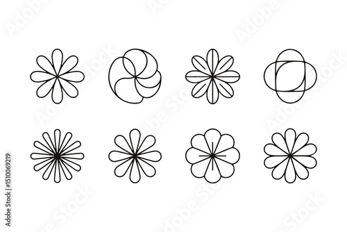 Eight distinct floral shapes display unique petal arrangements against the transparent backdrop perfectly