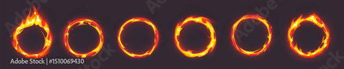 Burning fire ring frames set - round borders made of flames. Fiery circular elements, blazing hot circles. Bright flaming design overlays for dramatic effects, danger symbols. Ignited hoop shapes.