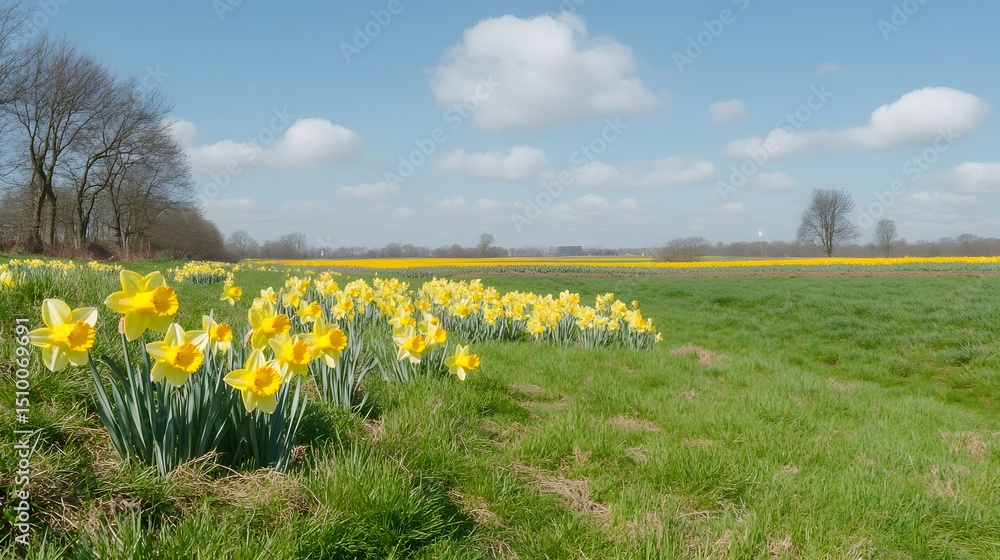 Fototapeta premium Stunning Spring Landscape with Blooming Yellow Daffodils Field