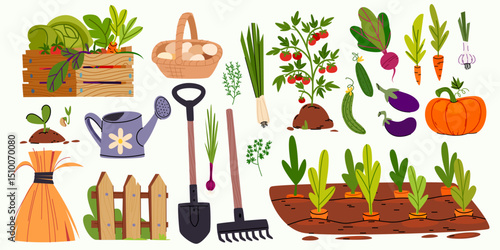 Gardening tools and vegetables set - flat illustrations of farming equipment, plants and harvest. Wooden crate and basket with eggs, watering can and spade, rake and fence, haystack and garden bed.