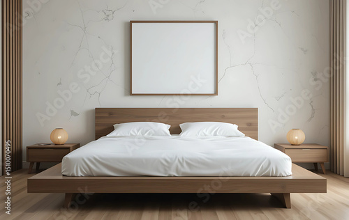  Low minimalist platform bed with a centered A4 frame on the back wall.