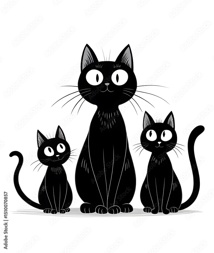 Obraz premium Cartoon Illustration of Three Black Cats Sitting Together Isolated on White Background Perfect for Halloween or Feline Themed Designs and Creative Projects