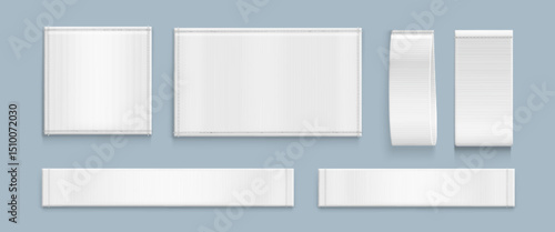 White cloth tags mockup set - square, rectangular and loop banners and ribbons. Blank fabric labels collection for branding, care information, logo designs. Clothing accessories, fashion template