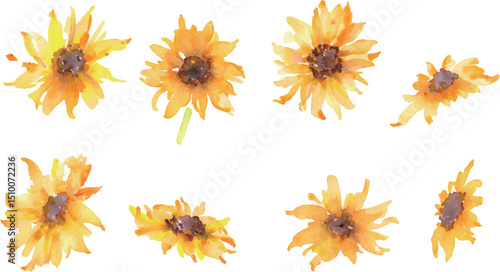 水彩画。水彩タッチのひまわりイラスト。向日葵のベクター素材。夏のヒマワリフレーム。Watercolor painting. Sunflower illustration with watercolor touch. Sunflower vector material. Summer sunflower frame.