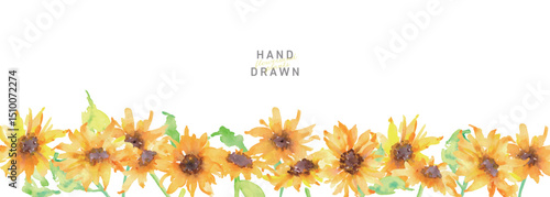 水彩画。水彩タッチのひまわりイラスト。向日葵のベクター素材。夏のヒマワリフレーム。Watercolor painting. Sunflower illustration with watercolor touch. Sunflower vector material. Summer sunflower frame.