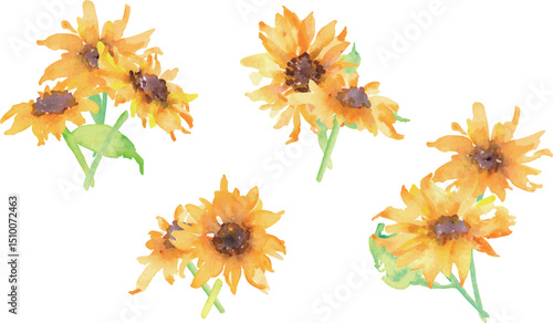 水彩画。水彩タッチのひまわりイラスト。向日葵のベクター素材。夏のヒマワリフレーム。Watercolor painting. Sunflower illustration with watercolor touch. Sunflower vector material. Summer sunflower frame.