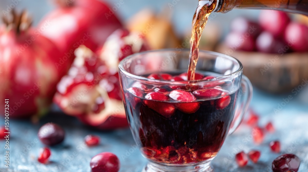 A refreshing drink with pomegranate seeds, surrounded by fresh fruit. A refreshing drink with pomegranate seeds, surrounded by fresh fruit.
