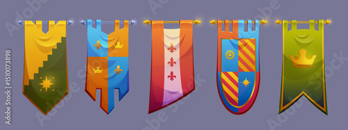 Medieval flag game banners collection - colorful heraldic pennants with crown, sun and, star symbols hanging on poles. Castle decoration assets for fantasy rpg interface. Royal tournament emblems.