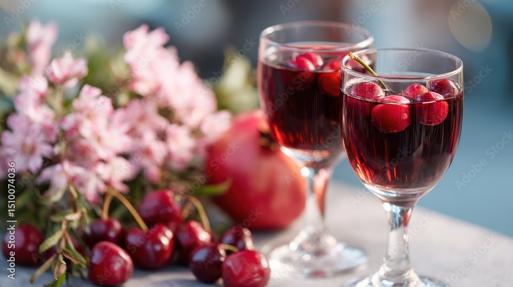 Refreshing drinks with cherries and flowers in a vibrant setting. Refreshing drinks with cherries and flowers in a vibrant setting.