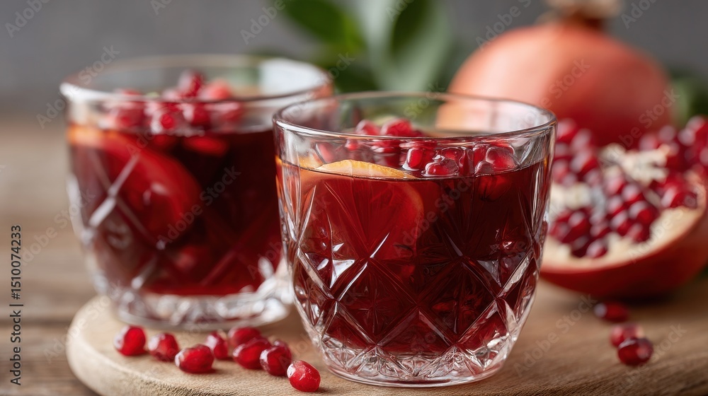 Refreshing pomegranate beverage in elegant glassware, garnished with fruit. Refreshing pomegranate beverage in elegant glassware, garnished with fruit.