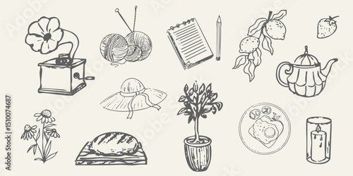 Cottagecore set cosy country rural things sketch. Retro cute whimsy farm themed cottage core aesthetic. Hobby collection, vegetables doodle.