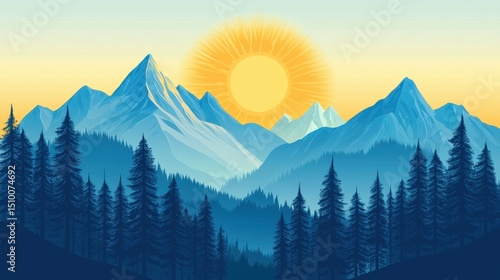 Serene Cartoon Mountain Range with Glowing Sun Rising in Background