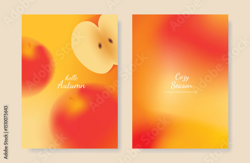 Abstract orange color gradient autumn card background set. Minimalist poster with apple. Modern fall season wallpaper design for home decoration, website, banner, ads.