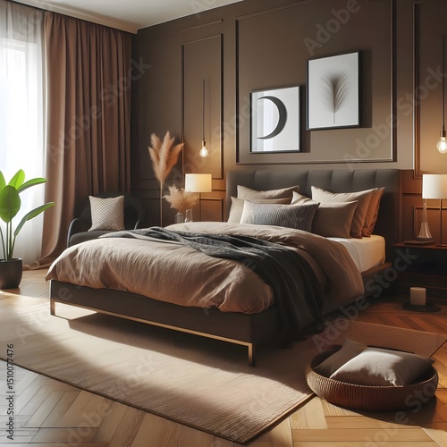 A stylish bedroom with comfortable brown dark bed