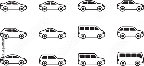 Minimalist vector set of vehicle icons representing different types of cars