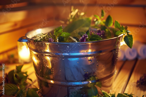 bucket with hot water and herbs, cozy bathhouse mood