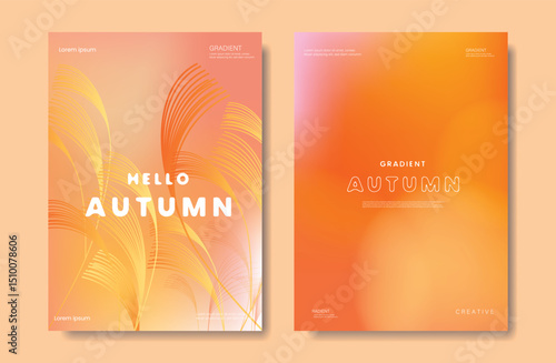Abstract orange color gradient autumn card background set. Minimalist poster with barley. Modern fall season wallpaper design for home decoration, website, banner, ads.