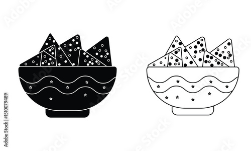 Nachos icon vector on bowl. Silhouette of Nachos food bowl symbol. Fast food,  Vector illustration.