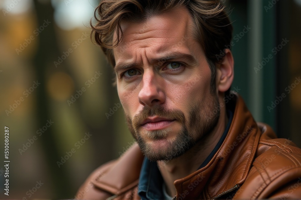 Close-up portrait of a man wearing a leather jacket Close-up portrait of a man wearing a leather jacket