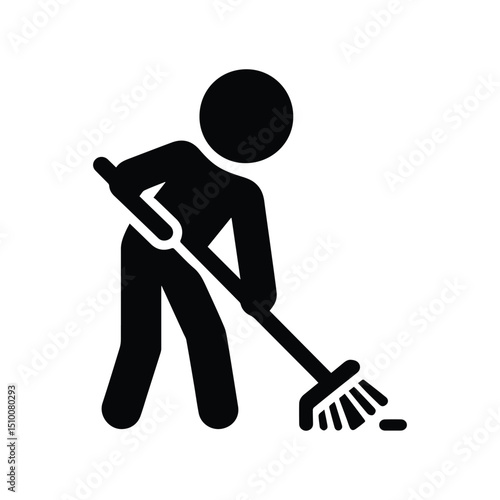 man sweeping floor, stickman icon with mop, cleaning with brush, isolated on transparent